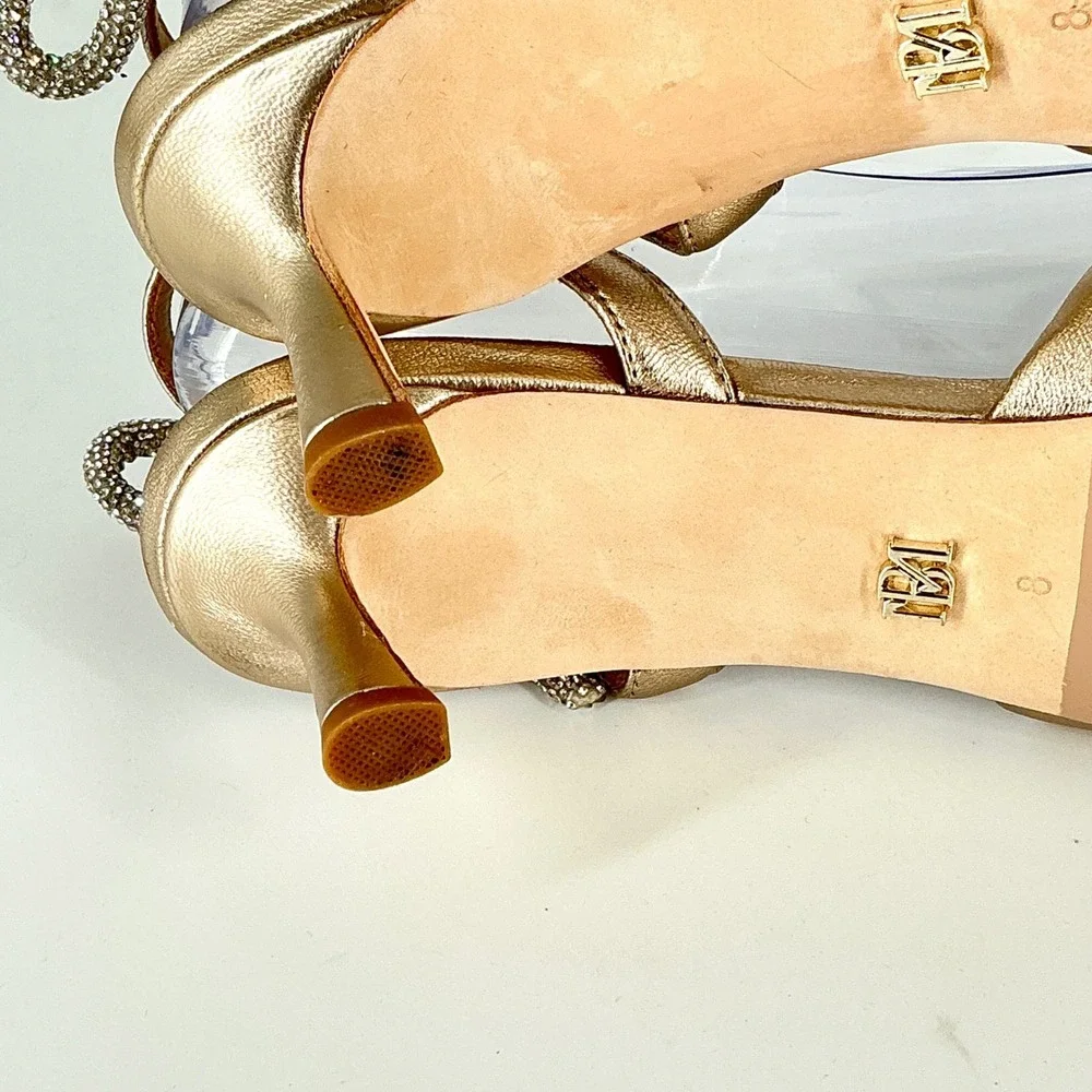 Badgley Mischka Size 8 Champagne Gold Leather Rhinestone Bow Kitten Heel NEW$255